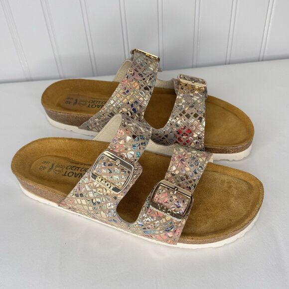 NAOT Santa Barbara Sz 9 Leather Slide w Buckle  Metallic Mosaic Snake Colorful - Picture 1 of 8